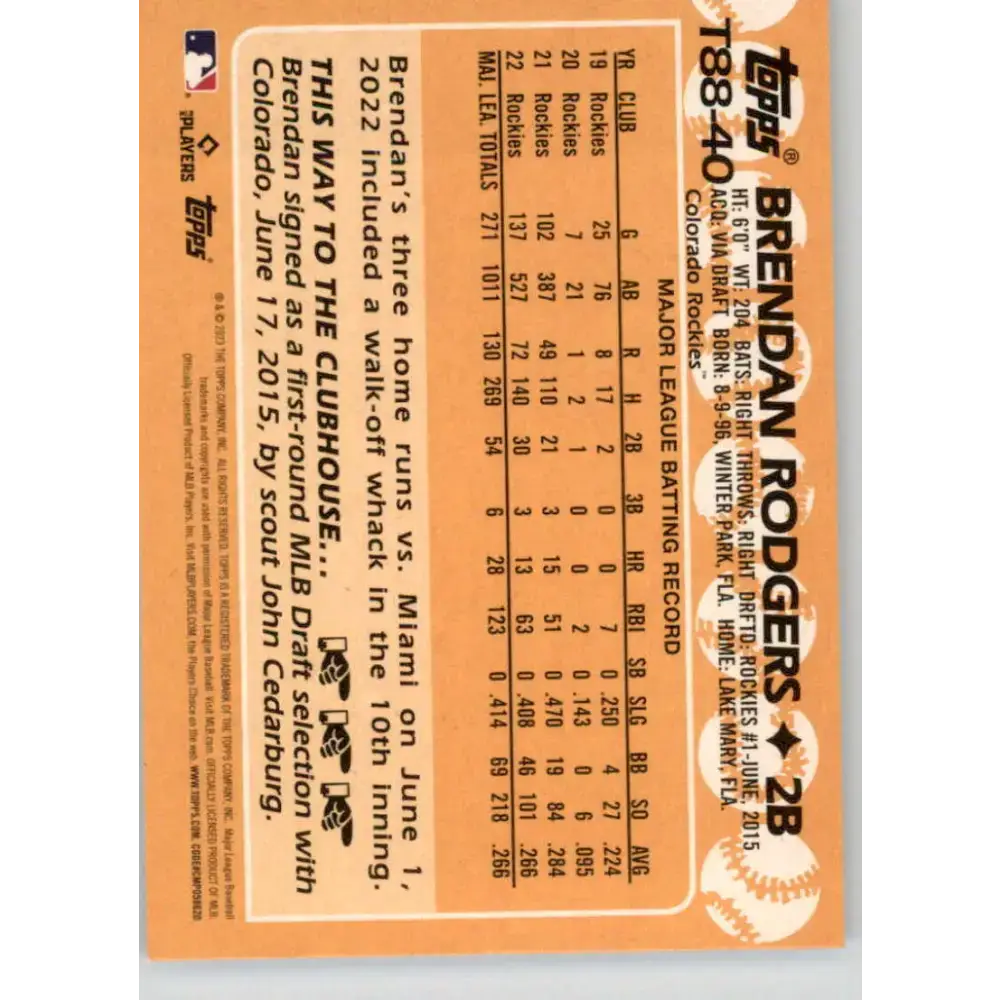 2023 Topps 1988 Baseball #T88-40 Brendan Rodgers NM-MT Colorado Rockies Baseball Card - Baseball Card Single