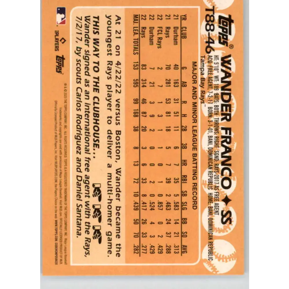 2023 Topps 1988 Baseball #T88-46 Wander Franco NM-MT Tampa Bay Rays Baseball Card - Baseball Card Single