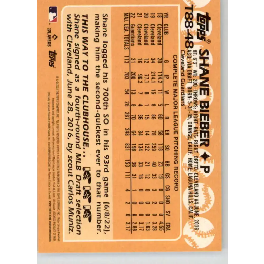 2023 Topps 1988 Baseball #T88-48 Shane Bieber NM-MT Cleveland Guardians Baseball Card - Baseball Card Single