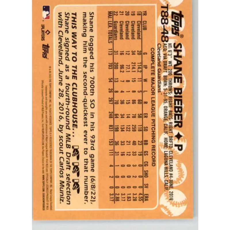 2023 Topps 1988 Baseball #T88-48 Shane Bieber NM-MT Cleveland Guardians Baseball Card - Baseball Card Single