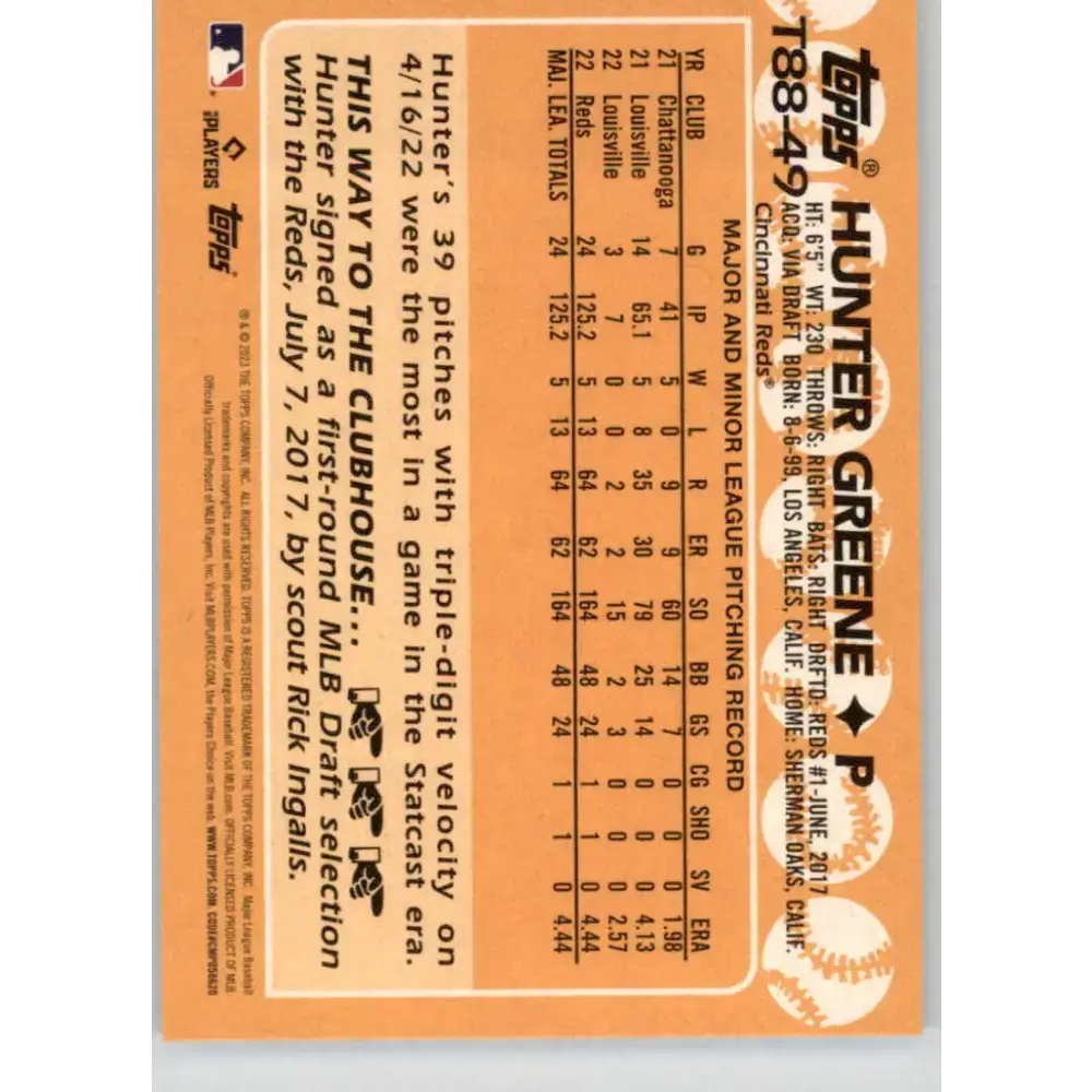 2023 Topps 1988 Baseball #T88-49 Hunter Greene NM-MT Cincinnati Reds Baseball Card - Baseball Card Single