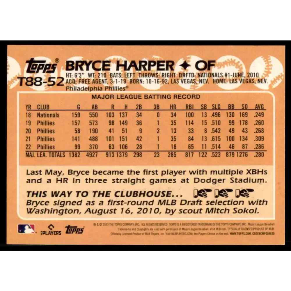 2023 Topps 1988 Baseball #T88-52 Bryce Harper NM-MT Philadelphia Phillies Baseball Card - Baseball Card Single