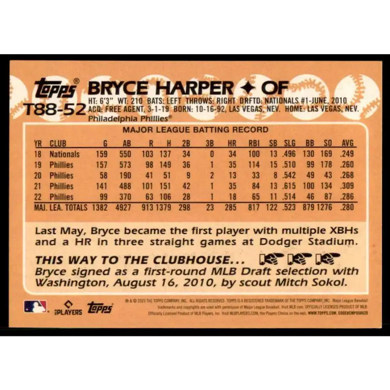 2023 Topps 1988 Baseball #T88-52 Bryce Harper NM-MT Philadelphia Phillies Baseball Card - Baseball Card Single