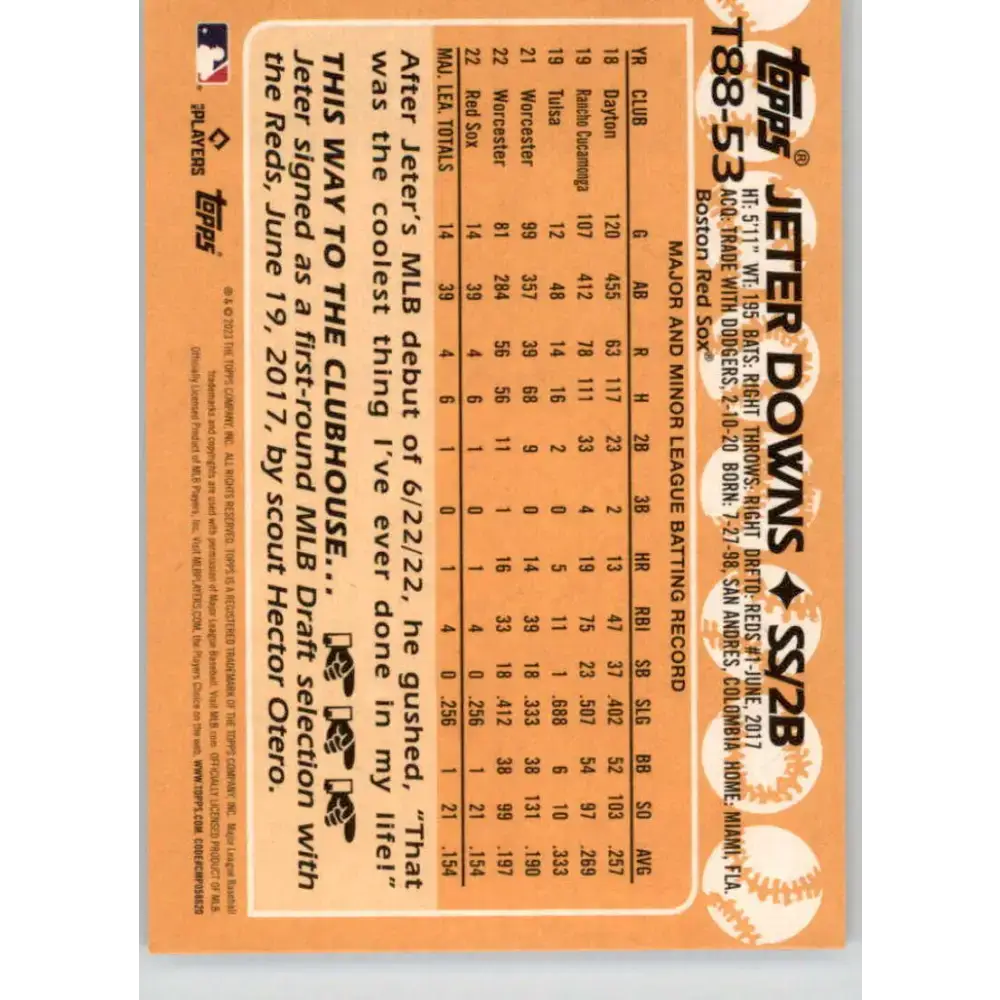 2023 Topps 1988 Baseball #T88-53 Jeter Downs NM-MT Boston Red Sox Baseball Card - Baseball Card Single