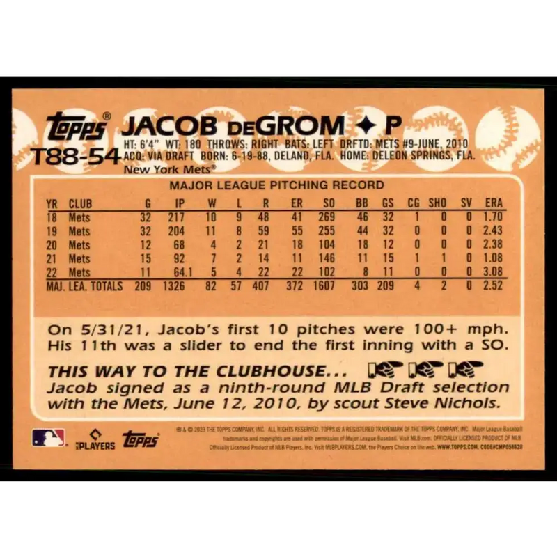 2023 Topps 1988 Baseball #T88-54 Jacob deGrom NM-MT New York Mets Baseball Card - Baseball Card Single