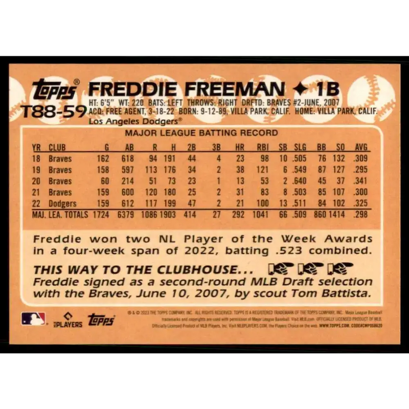 2023 Topps 1988 Baseball #T88-59 Freddie Freeman NM-MT Los Angeles Dodgers Baseball Card - Baseball Card Single
