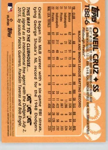 Baseball card back with original gloss featuring Oneil Cruz T88-6 Oneil Cruz Pirates