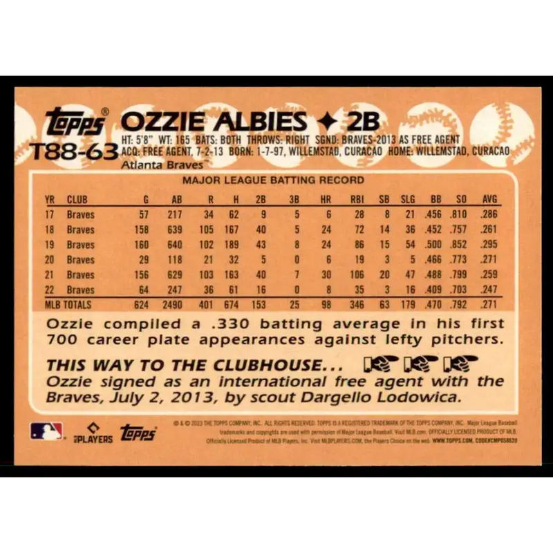 2023 Topps 1988 Baseball #T88-63 Ozzie Albies NM-MT Atlanta Braves Baseball Card - Baseball Card Single