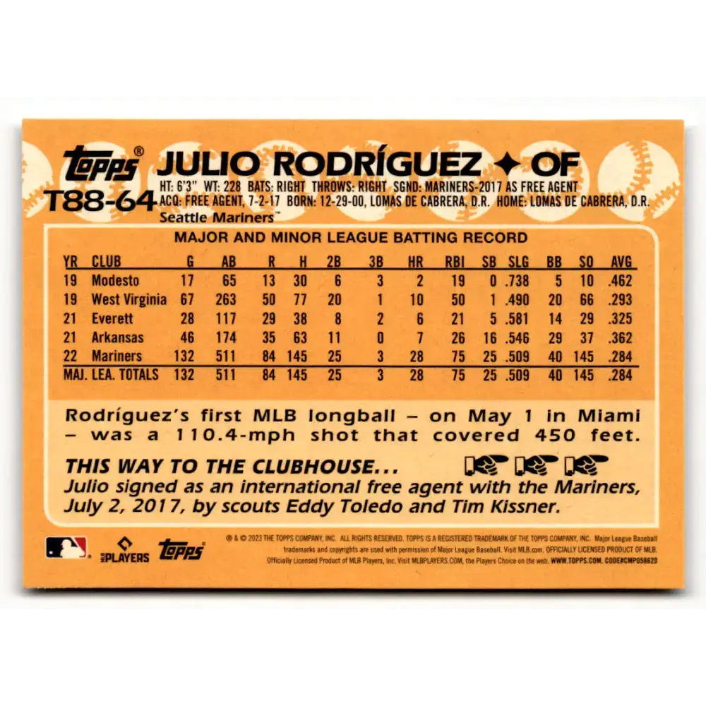 2023 Topps 1988 Baseball #T88-64 Julio Rodriguez NM-MT Seattle Mariners Baseball Card - Baseball Card Single