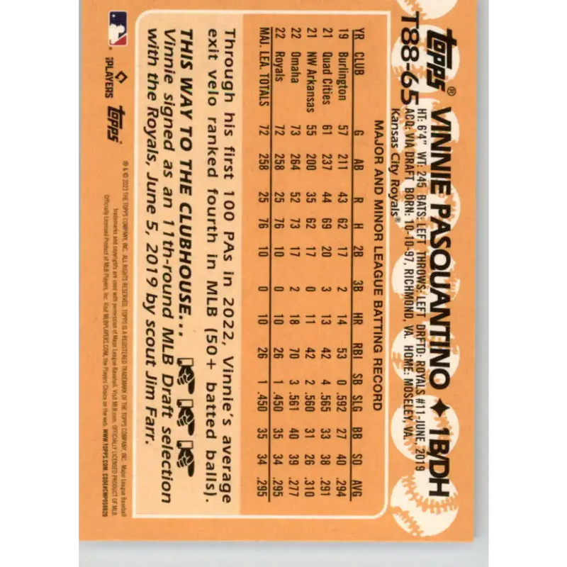 2023 Topps 1988 Baseball #T88-65 Vinnie Pasquantino NM-MT Kansas City Royals Baseball Card - Baseball Card Single