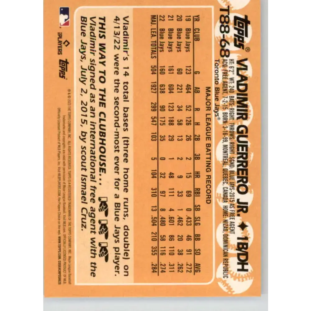 2023 Topps 1988 Baseball #T88-68 Vladimir Guerrero Jr. NM-MT Toronto Blue Jays Baseball Card - Baseball Card Single