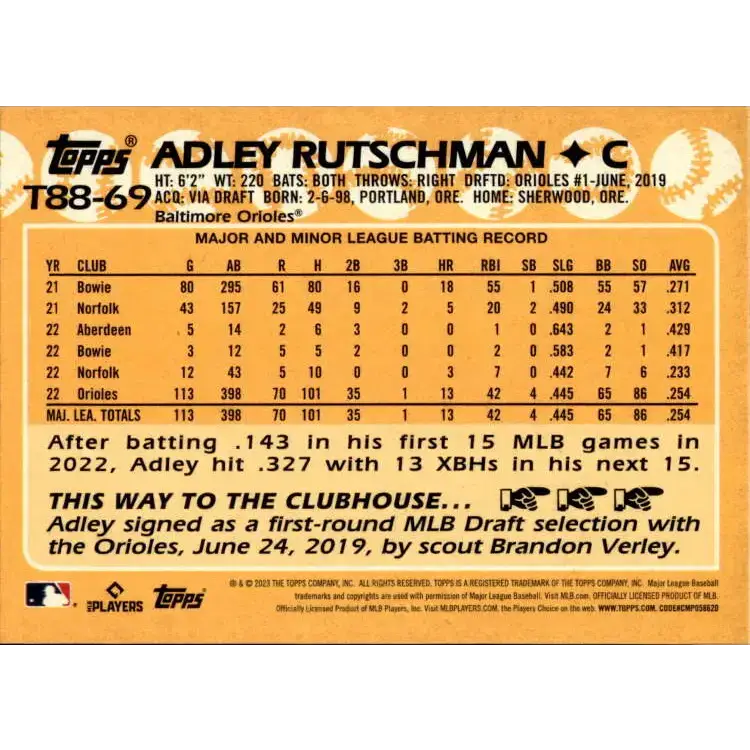 2023 Topps 1988 Baseball #T88-69 Adley Rutschman NM-MT Baltimore Orioles Baseball Card - Baseball Card Single