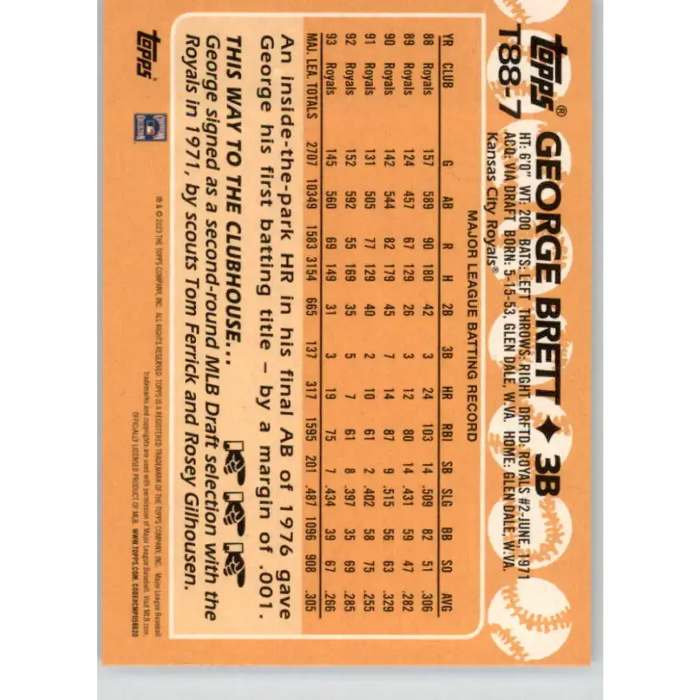 2023 Topps 1988 Baseball #T88-7 George Brett NM-MT Kansas City Royals Baseball Card - Baseball Card Single