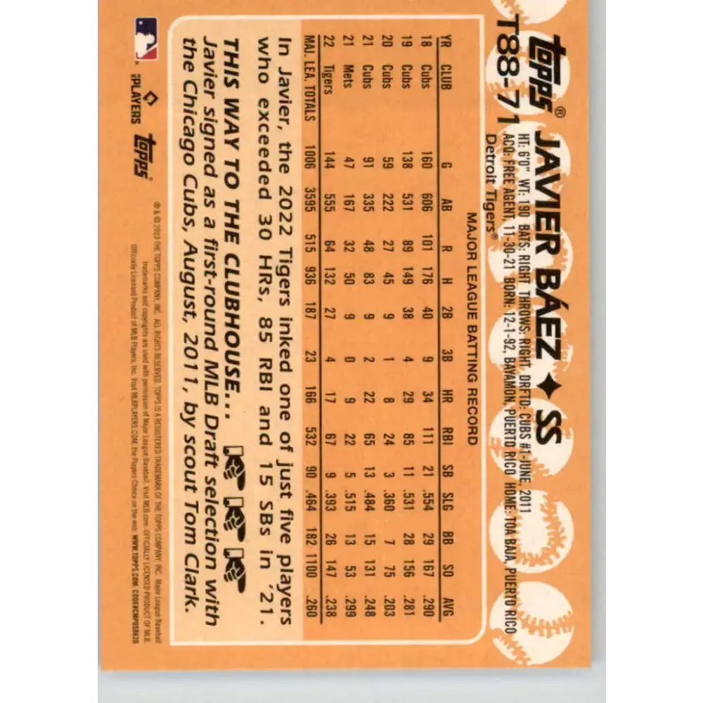 2023 Topps 1988 Baseball #T88-71 Javier Baez NM-MT Detroit Tigers Baseball Card - Baseball Card Single
