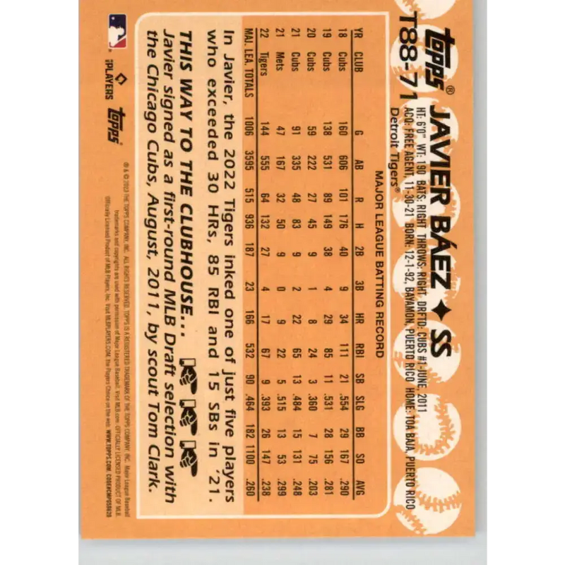 2023 Topps 1988 Baseball #T88-71 Javier Baez NM-MT Detroit Tigers Baseball Card - Baseball Card Single