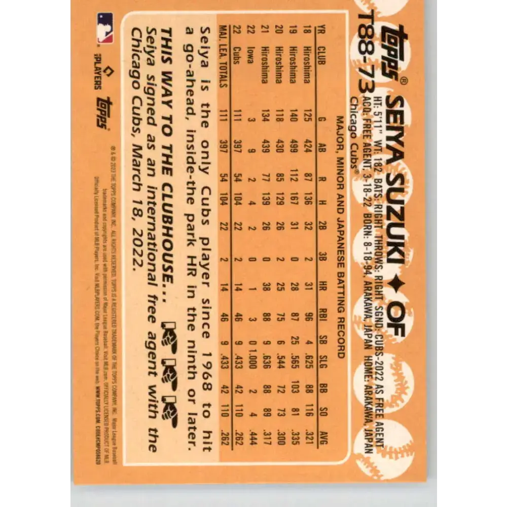 2023 Topps 1988 Baseball #T88-73 Seiya Suzuki NM-MT Chicago Cubs Baseball Card - Baseball Card Single