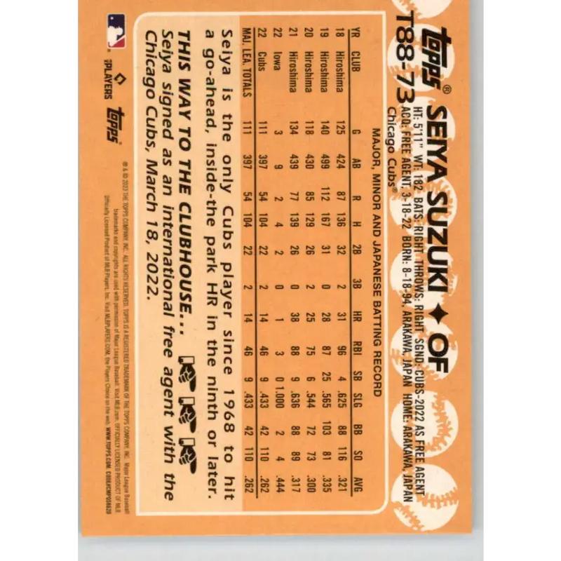 2023 Topps 1988 Baseball #T88-73 Seiya Suzuki NM-MT Chicago Cubs Baseball Card - Baseball Card Single