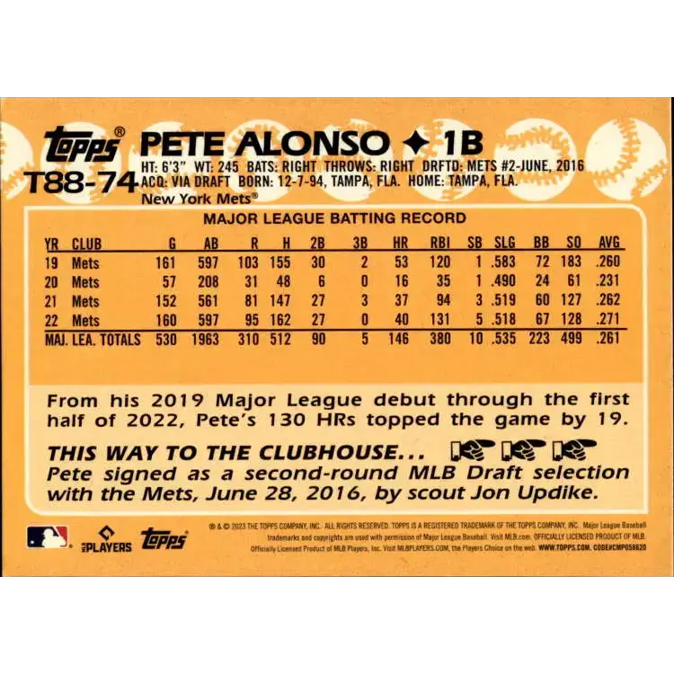 2023 Topps 1988 Baseball #T88-74 Pete Alonso NM-MT New York Mets Baseball Card - Baseball Card Single