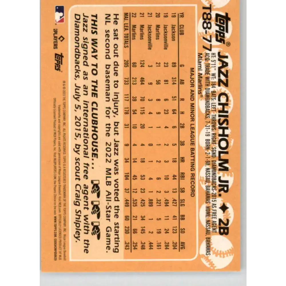 2023 Topps 1988 Baseball #T88-77 Jazz Chisholm Jr. NM-MT Miami Marlins Baseball Card - Baseball Card Single