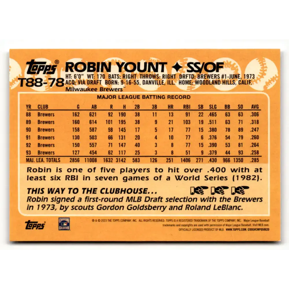 2023 Topps 1988 Baseball #T88-78 Robin Yount NM-MT Milwaukee Brewers Baseball Card - Baseball Card Single