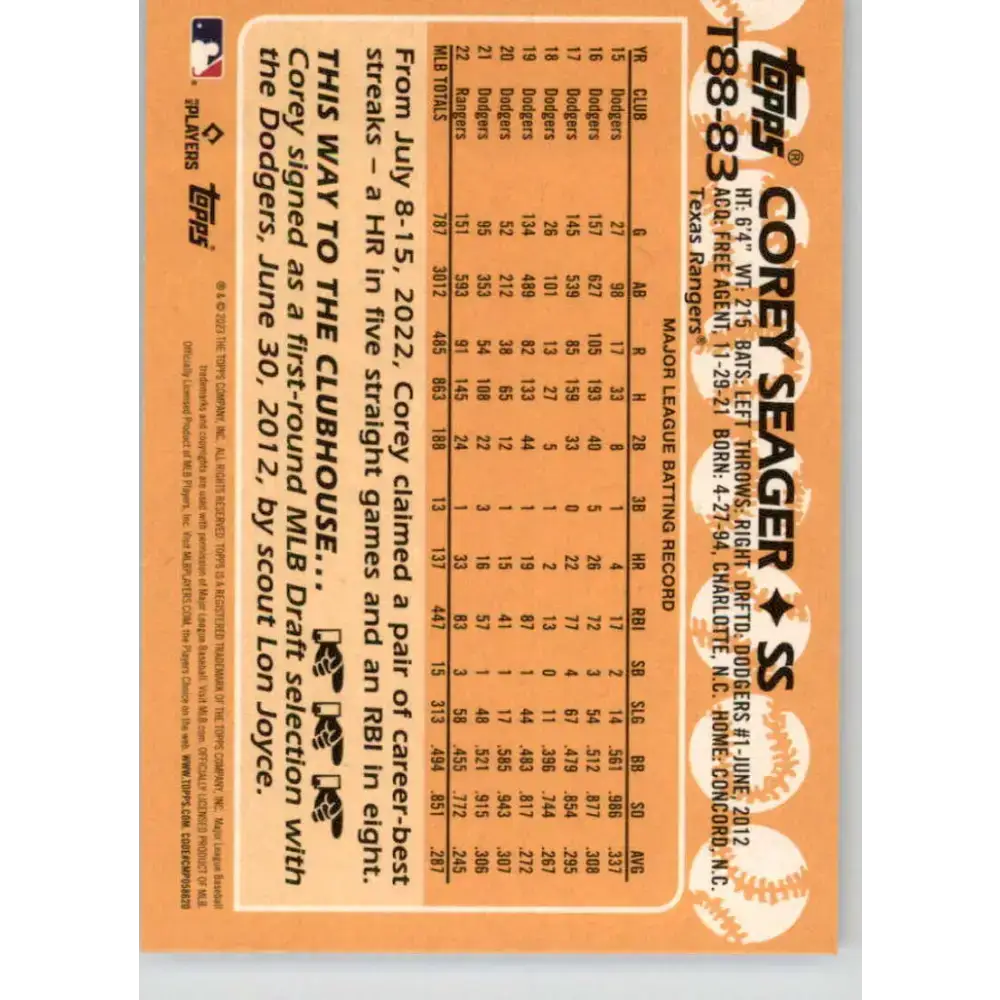 2023 Topps 1988 Baseball #T88-83 Corey Seager NM-MT Texas Rangers Baseball Card - Baseball Card Single