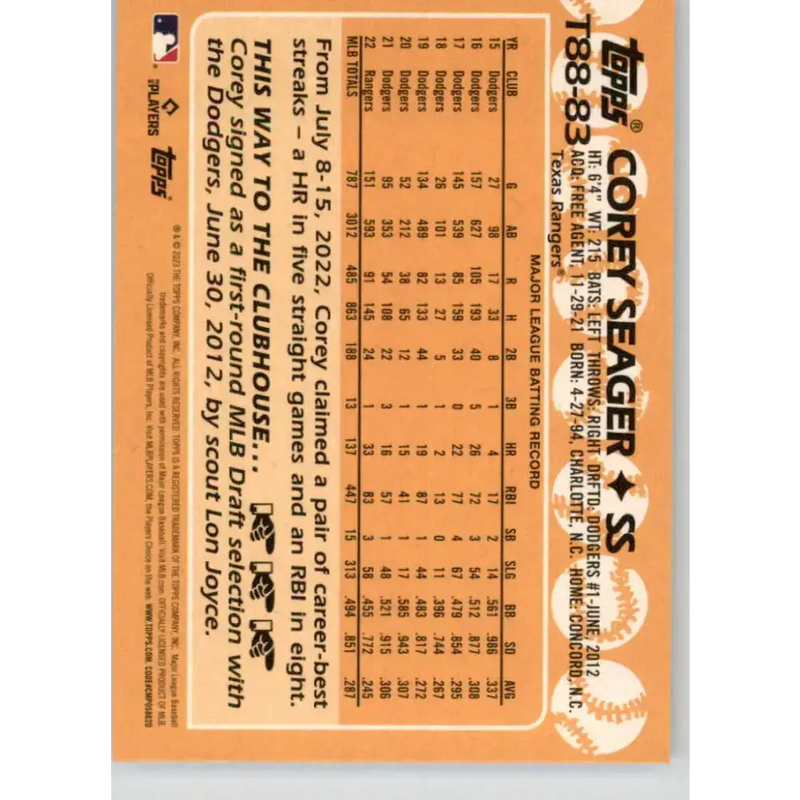 2023 Topps 1988 Baseball #T88-83 Corey Seager NM-MT Texas Rangers Baseball Card - Baseball Card Single