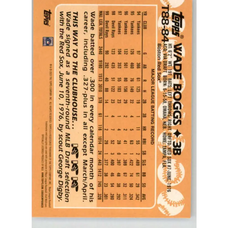 2023 Topps 1988 Baseball #T88-84 Wade Boggs NM-MT Boston Red Sox Baseball Card - Baseball Card Single