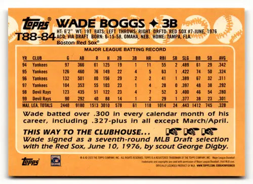 Original gloss Wade Boggs baseball card T88-84 Wade Boggs 1988 Topps Red Sox