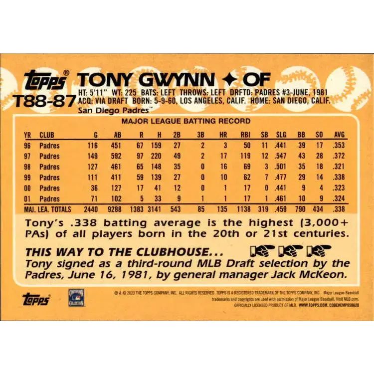 2023 Topps 1988 Baseball #T88-87 Tony Gwynn NM-MT San Diego Padres Baseball Card - Baseball Card Single