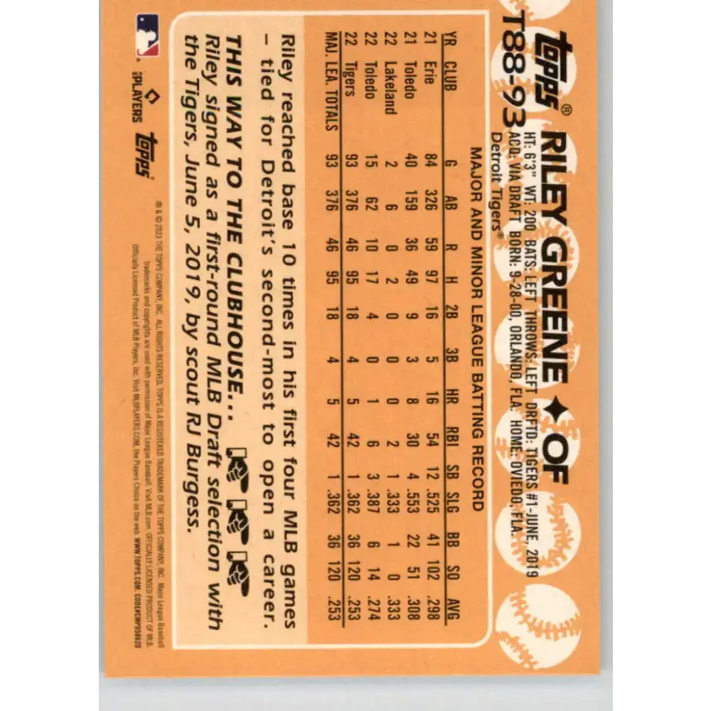 2023 Topps 1988 Baseball #T88-93 Riley Greene NM-MT Detroit Tigers Baseball Card - Baseball Card Single