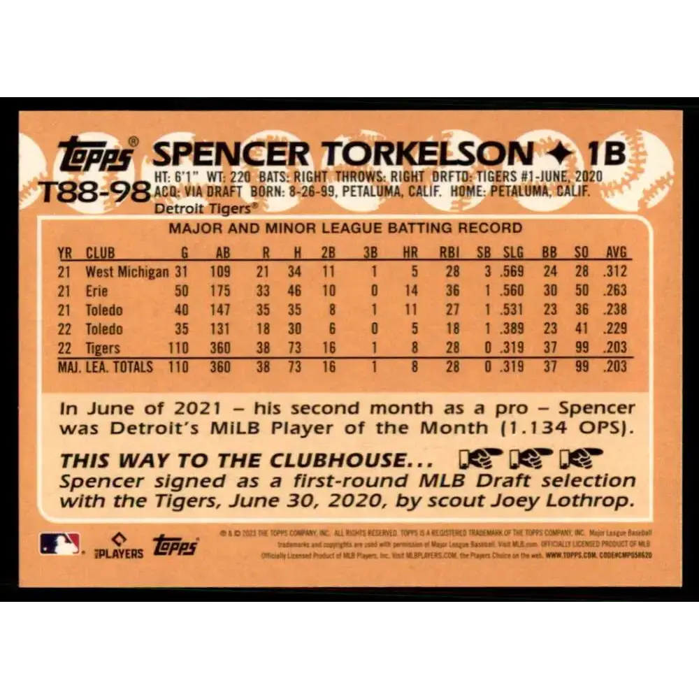 2023 Topps 1988 Baseball #T88-98 Spencer Torkelson NM-MT Detroit Tigers Baseball Card - Baseball Card Single
