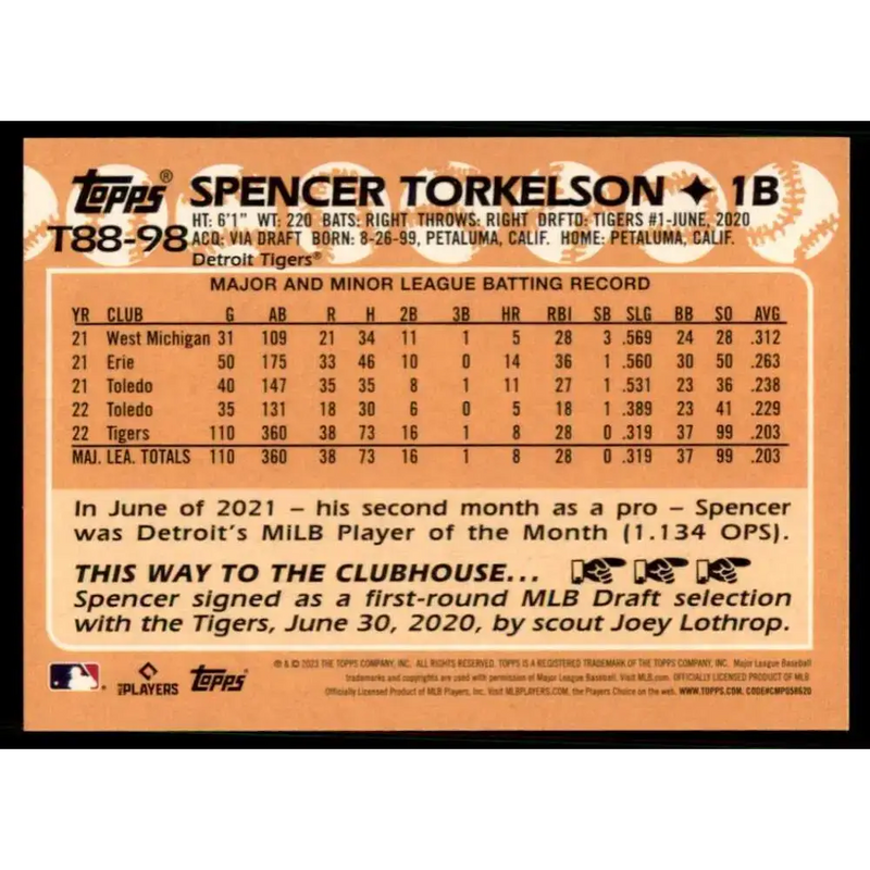 2023 Topps 1988 Baseball #T88-98 Spencer Torkelson NM-MT Detroit Tigers Baseball Card - Baseball Card Single