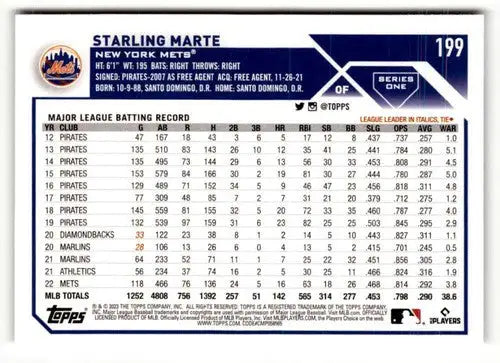 Original gloss Starling Marte baseball card from 2023 Topps #199 featuring Simply Sandoval