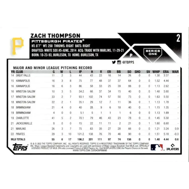 2023 Topps #2 Zach Thompson NM-MT Pittsburgh Pirates Baseball Card - Baseball Card Single