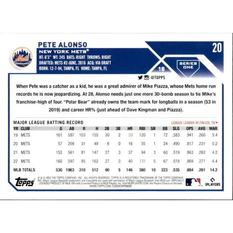 2023 Topps #20 Pete Alonso NM-MT New York Mets Baseball Card - Baseball Card Single