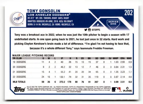 2023 Topps #202 Tony Gonsolin NM-MT Dodgers ID:49491 - Baseball Card Single