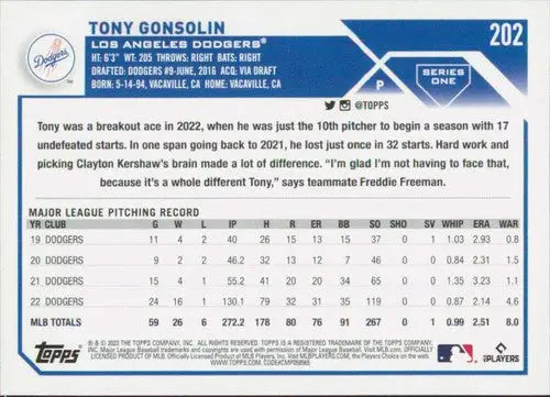 2023 Topps #202 Tony Gonsolin NM-MT Dodgers ID:50185 - Baseball Card Single
