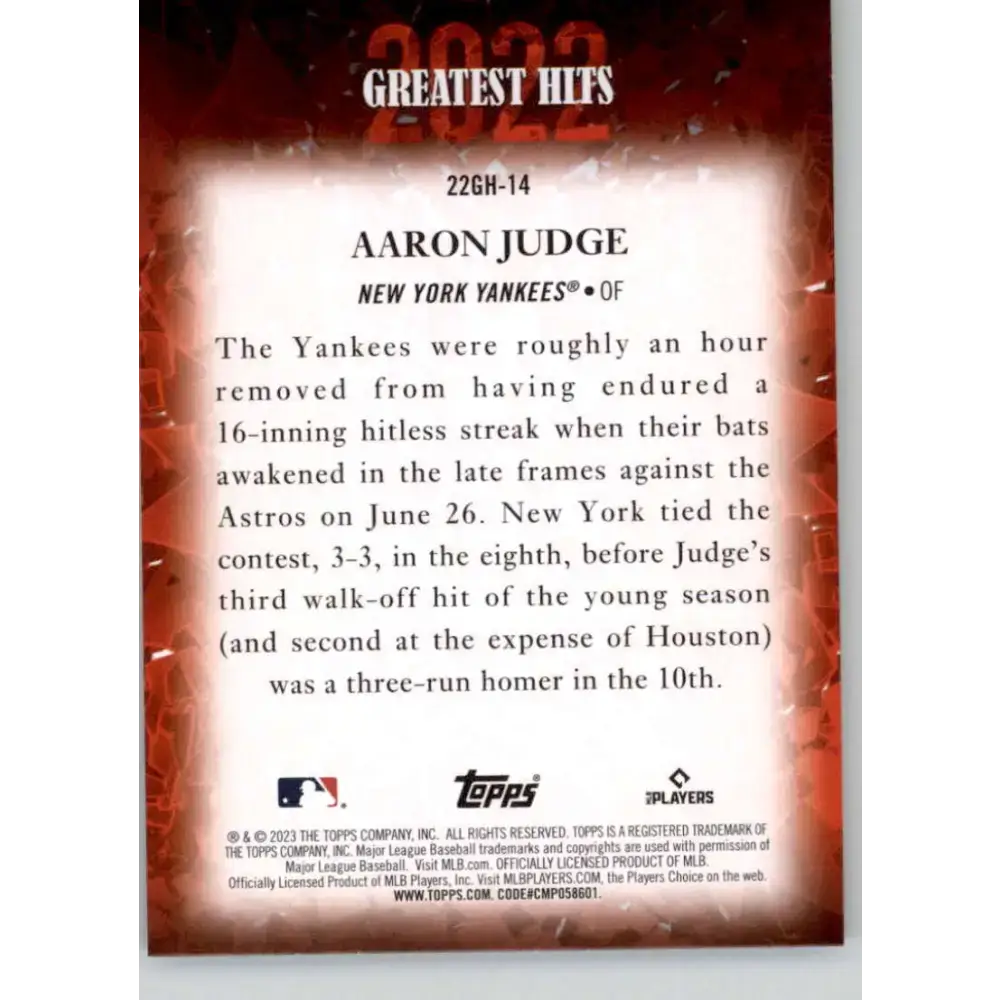 2023 Topps 2022 Greatest Hits #22GH-14 Aaron Judge NM-MT New York Yankees Baseball Card