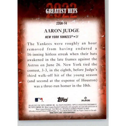 2023 Topps 2022 Greatest Hits #22GH-14 Aaron Judge NM-MT New York Yankees Baseball Card