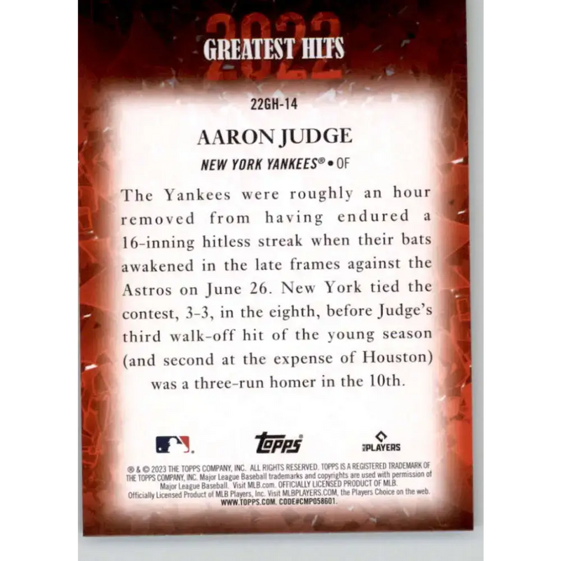 2023 Topps 2022 Greatest Hits #22GH-14 Aaron Judge NM-MT New York Yankees Baseball Card - Baseball Card Single