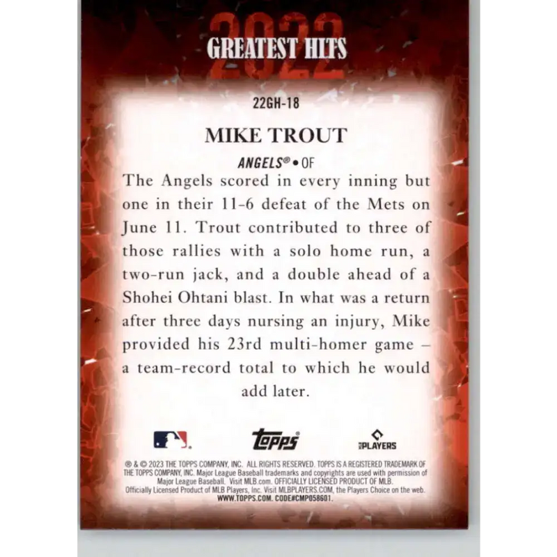 2023 Topps 2022 Greatest Hits #22GH-18 Mike Trout NM-MT Los Angeles Angels Baseball Card - Baseball Card Single