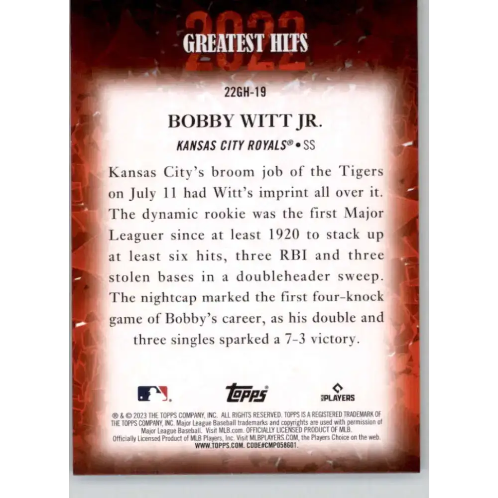 2023 Topps 2022 Greatest Hits #22GH-19 Bobby Witt Jr. NM-MT Kansas City Royals Baseball Card - Baseball Card Single