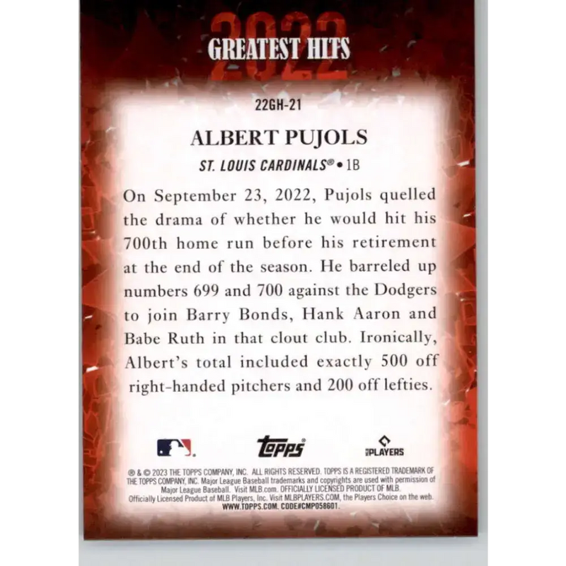 2023 Topps 2022 Greatest Hits #22GH-21 Albert Pujols NM-MT St. Louis Cardinals Baseball Card - Baseball Card Single