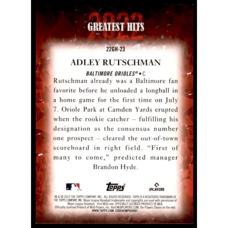 2023 Topps 2022 Greatest Hits #22GH-23 Adley Rutschman NM-MT Baltimore Orioles Baseball Card - Baseball Card Single