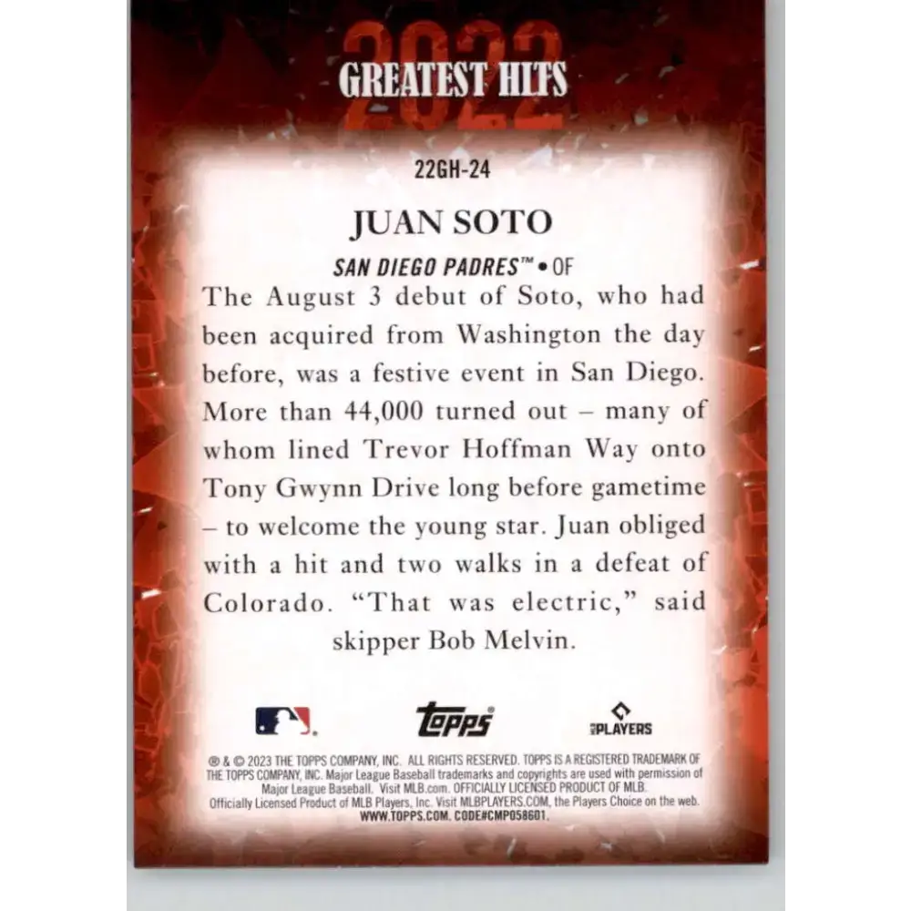 2023 Topps 2022 Greatest Hits #22GH-24 Juan Soto NM-MT San Diego Padres Baseball Card - Baseball Card Single
