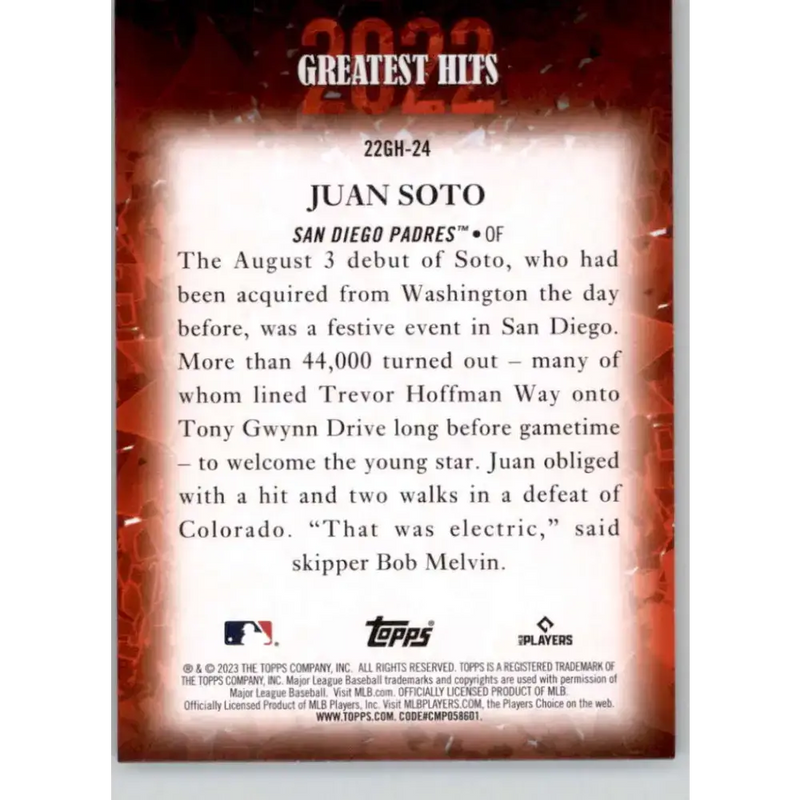 2023 Topps 2022 Greatest Hits #22GH-24 Juan Soto NM-MT San Diego Padres Baseball Card - Baseball Card Single