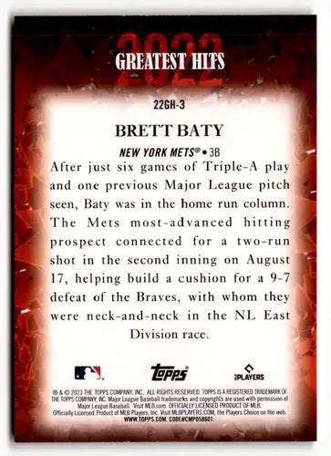 2023 Topps 2022 Greatest Hits #22GH-3 Brett Baty NM-MT Mets ID:49443 - Baseball Card Single