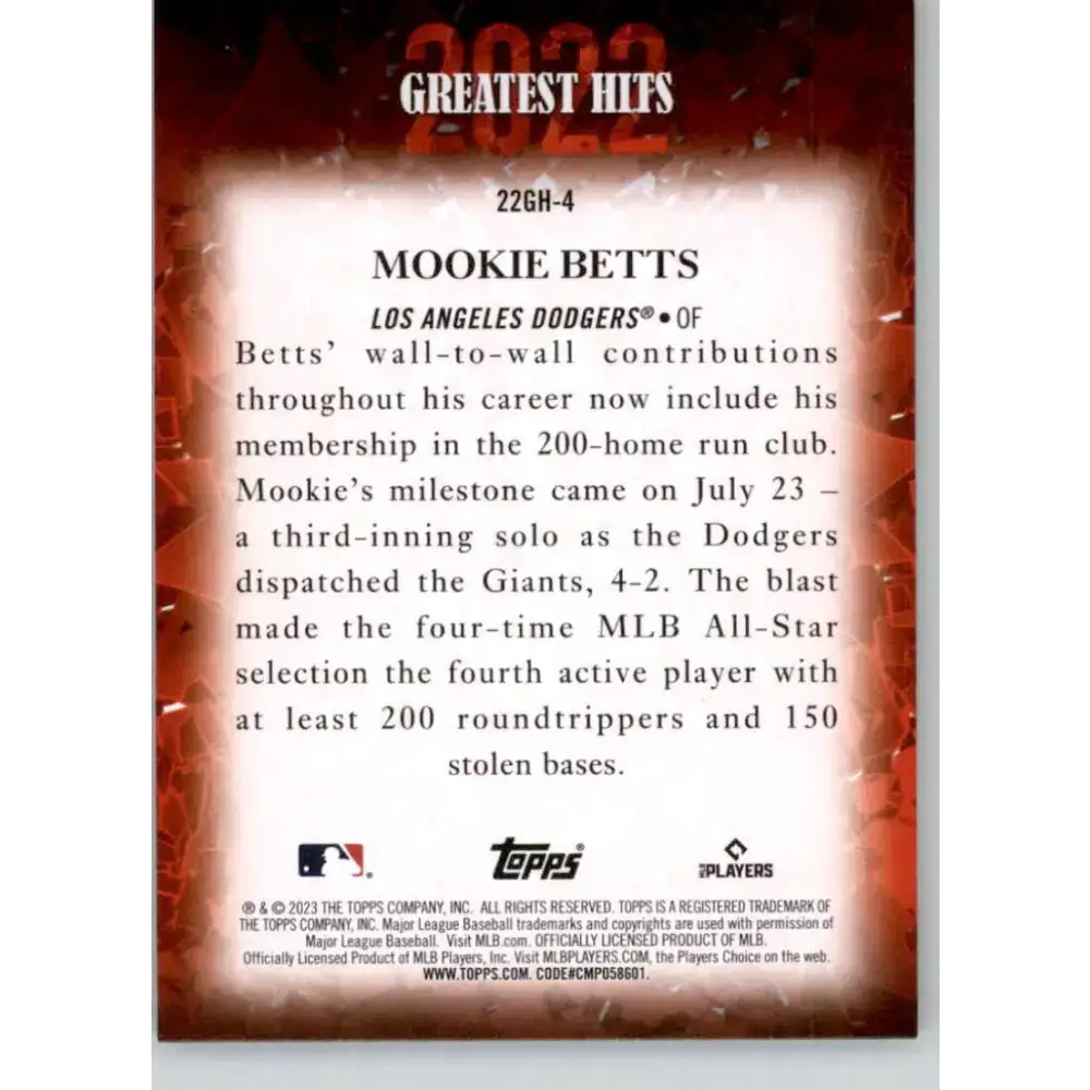 2023 Topps 2022 Greatest Hits #22GH-4 Mookie Betts NM-MT Los Angeles Dodgers Baseball Card - Baseball Card Single