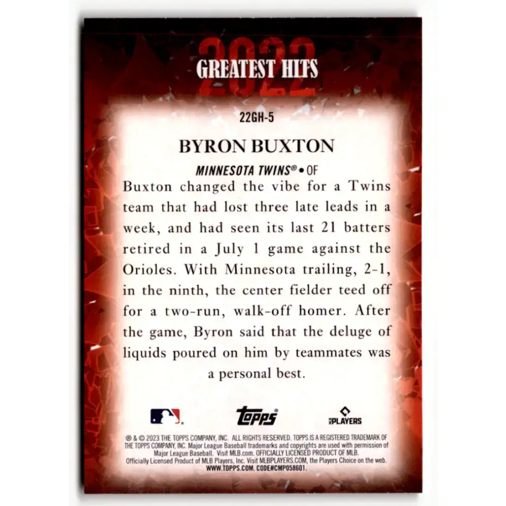 2023 Topps 2022 Greatest Hits #22GH-5 Byron Buxton NM-MT Minnesota Twins Baseball Card - Baseball Card Single