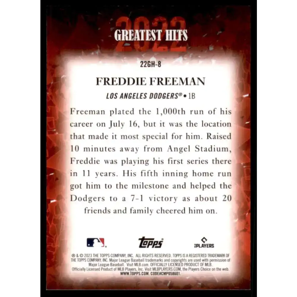 2023 Topps 2022 Greatest Hits #22GH-8 Freddie Freeman NM-MT Los Angeles Dodgers Baseball Card - Baseball Card Single